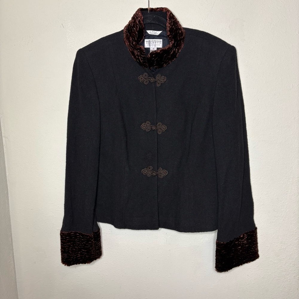 Vintage Talbots Black Wool Blend Jacket with Faux Fur Trim Size 10